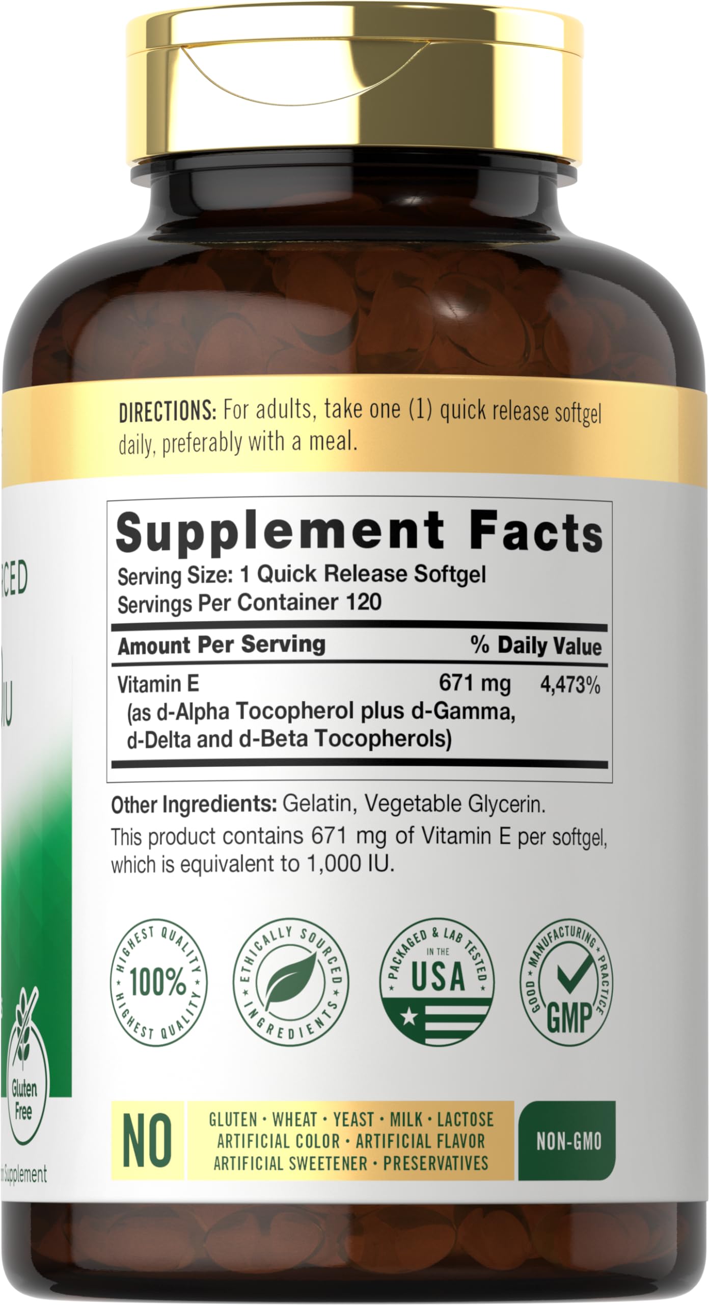 Carlyle Vitamin E 1000 IU softgels pour shows easy daily intake.