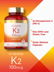 Carlyle Vitamin K2 100 mcg label close-up, gluten-free and Non-GMO