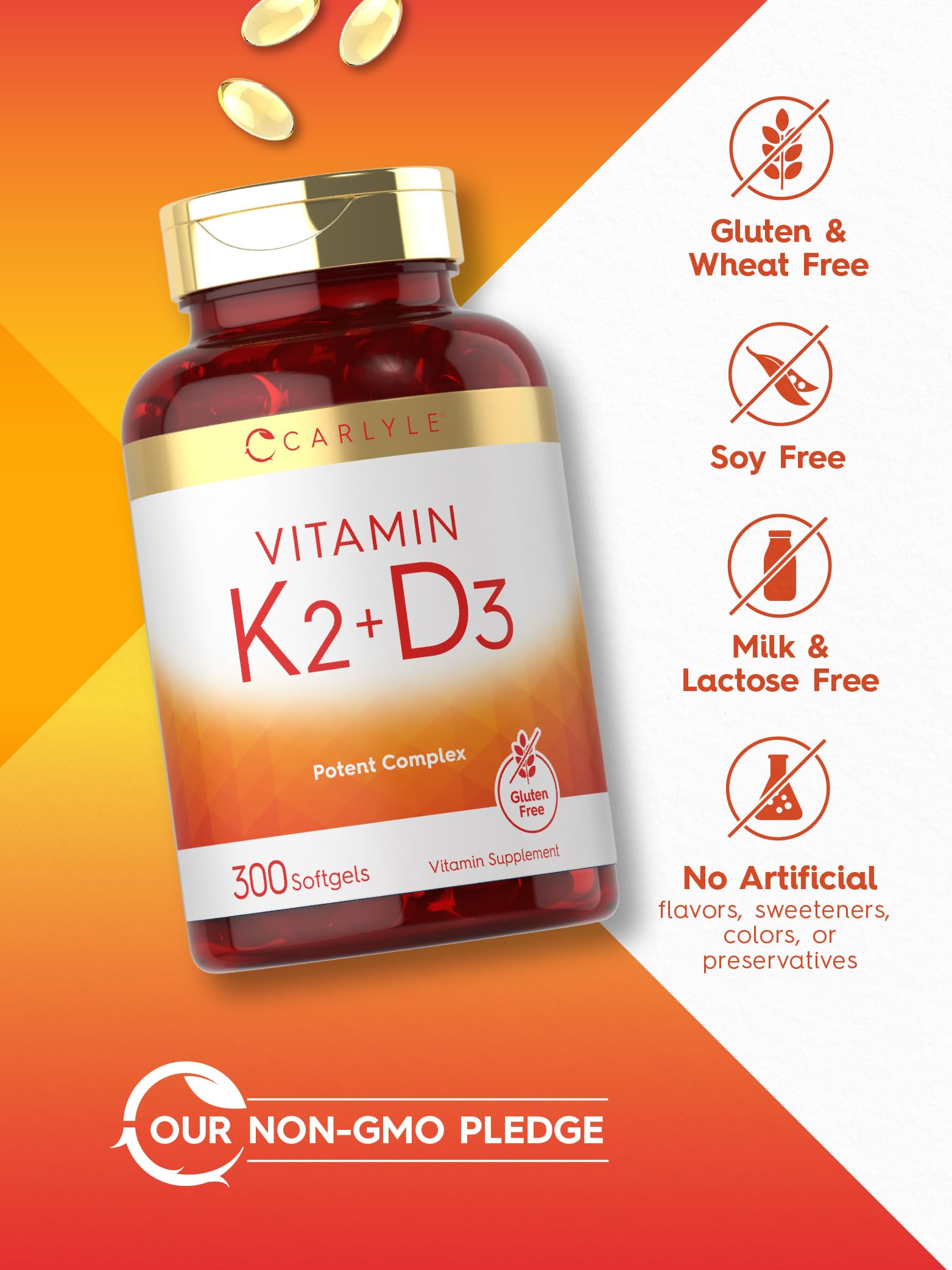 Carlyle K2 D3 gluten-free and non-GMO badges on packaging