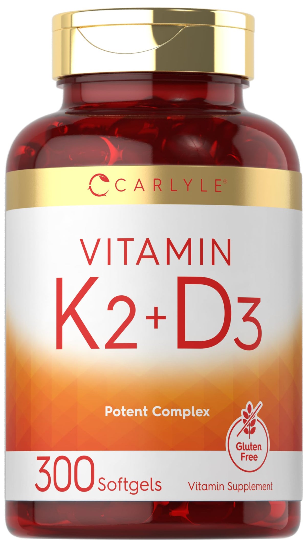 Carlyle Vitamin K2 D3 bottle front with softgels for daily use