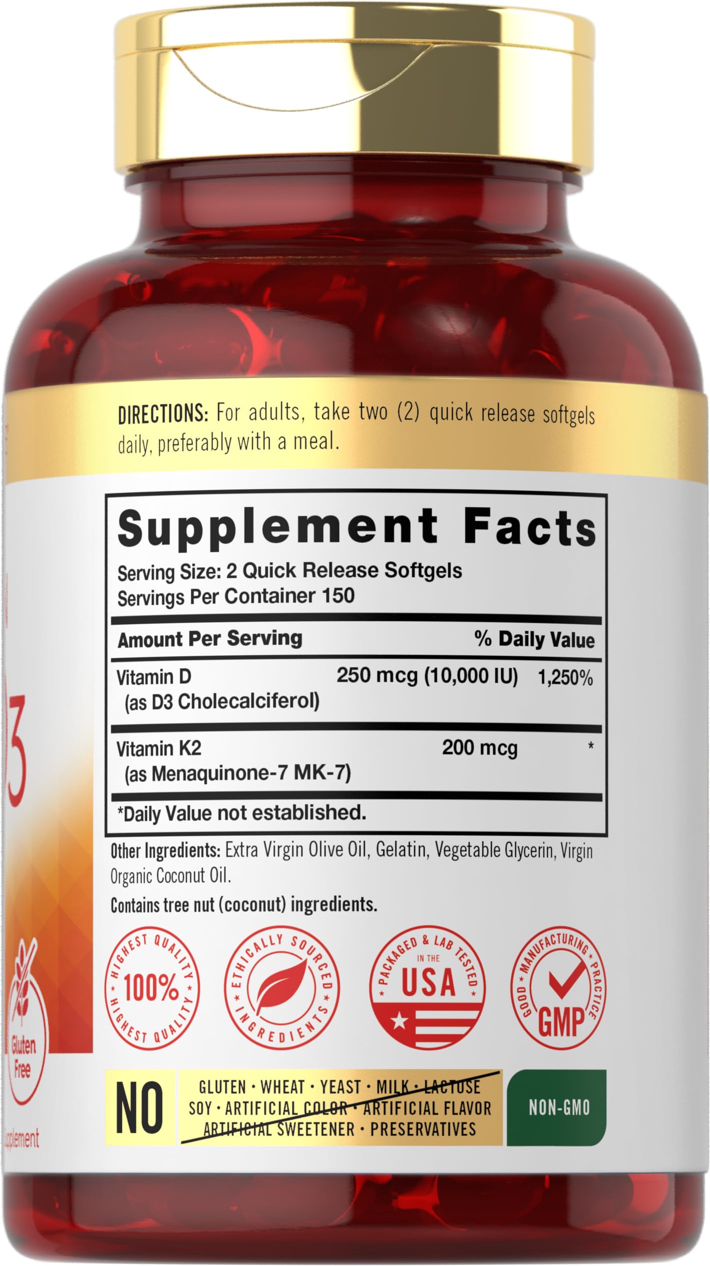 Close-up of Carlyle K2 D3 softgels showing smooth coating