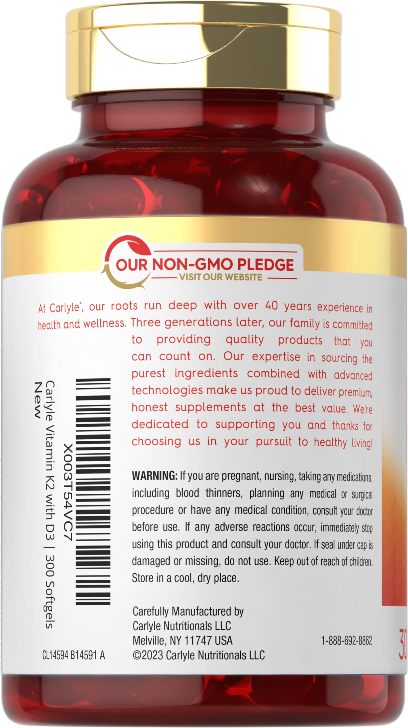 Carlyle Vitamin K2 D3 softgels close-up highlighting smooth texture