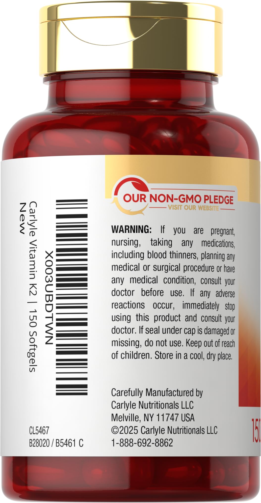 Carlyle Vitamin K2 MK7 label emphasizing Non-GMO and gluten-free formula