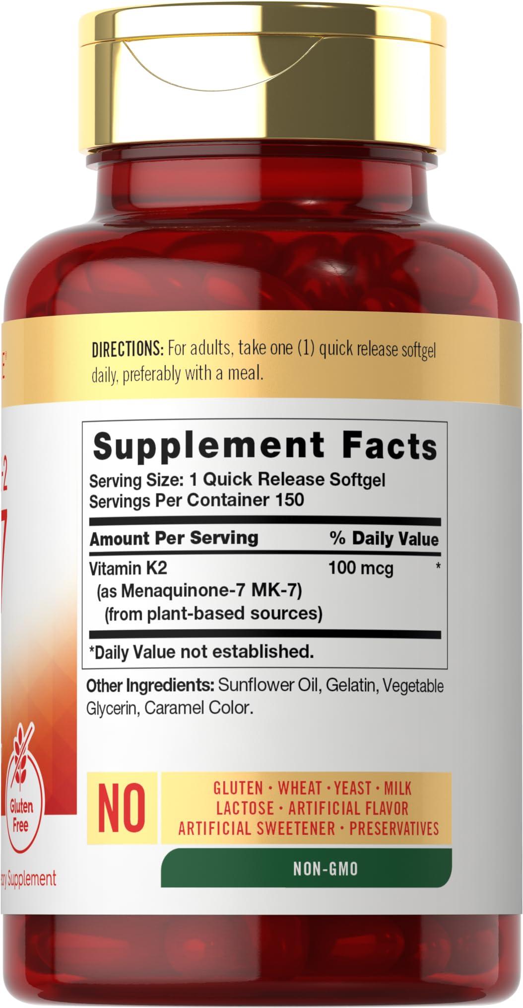 Carlyle Vitamin K2 MK7 softgels close-up highlighting quick-release capsules for easy daily dosing