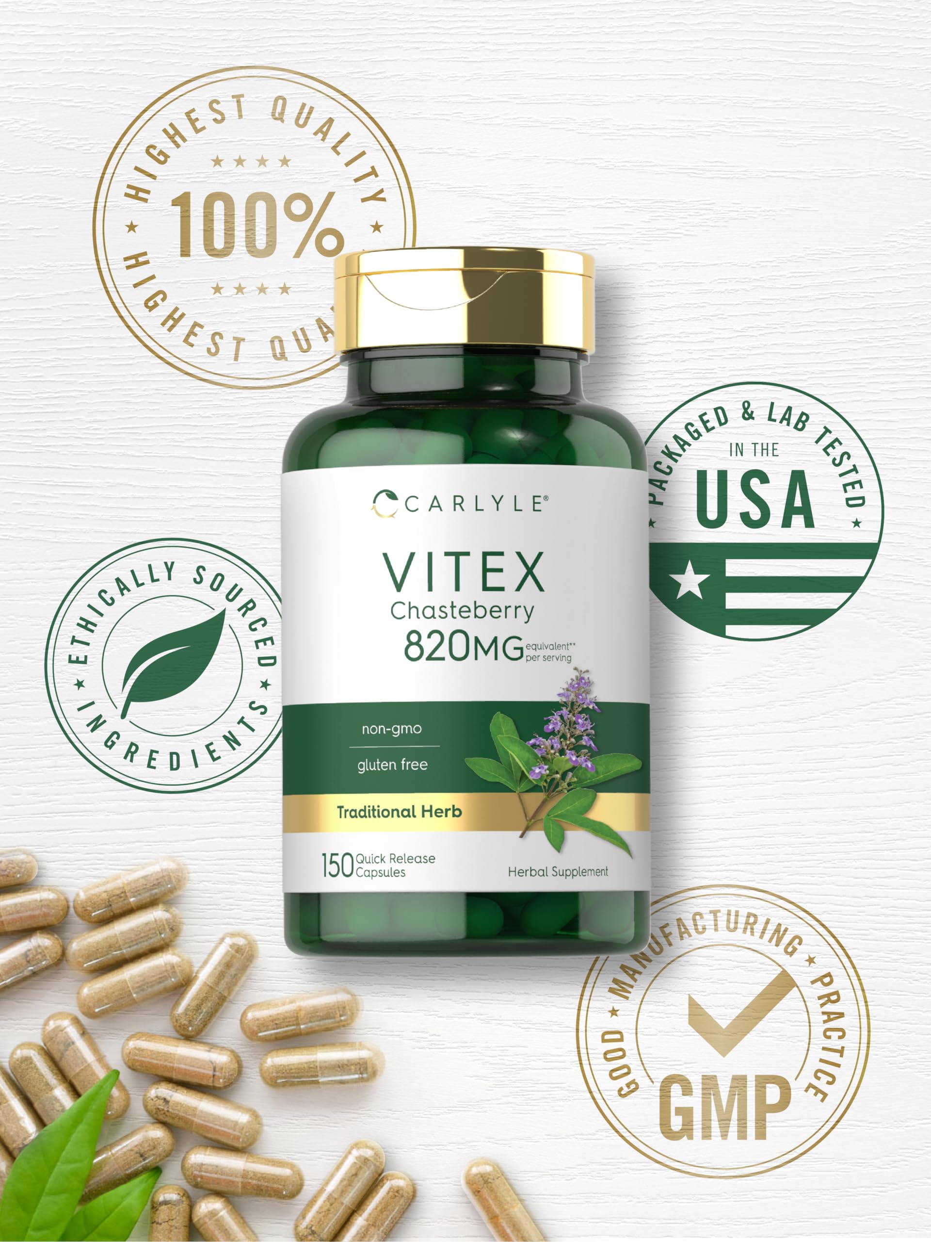 Carlyle Vitex bottle side view highlighting product purity.