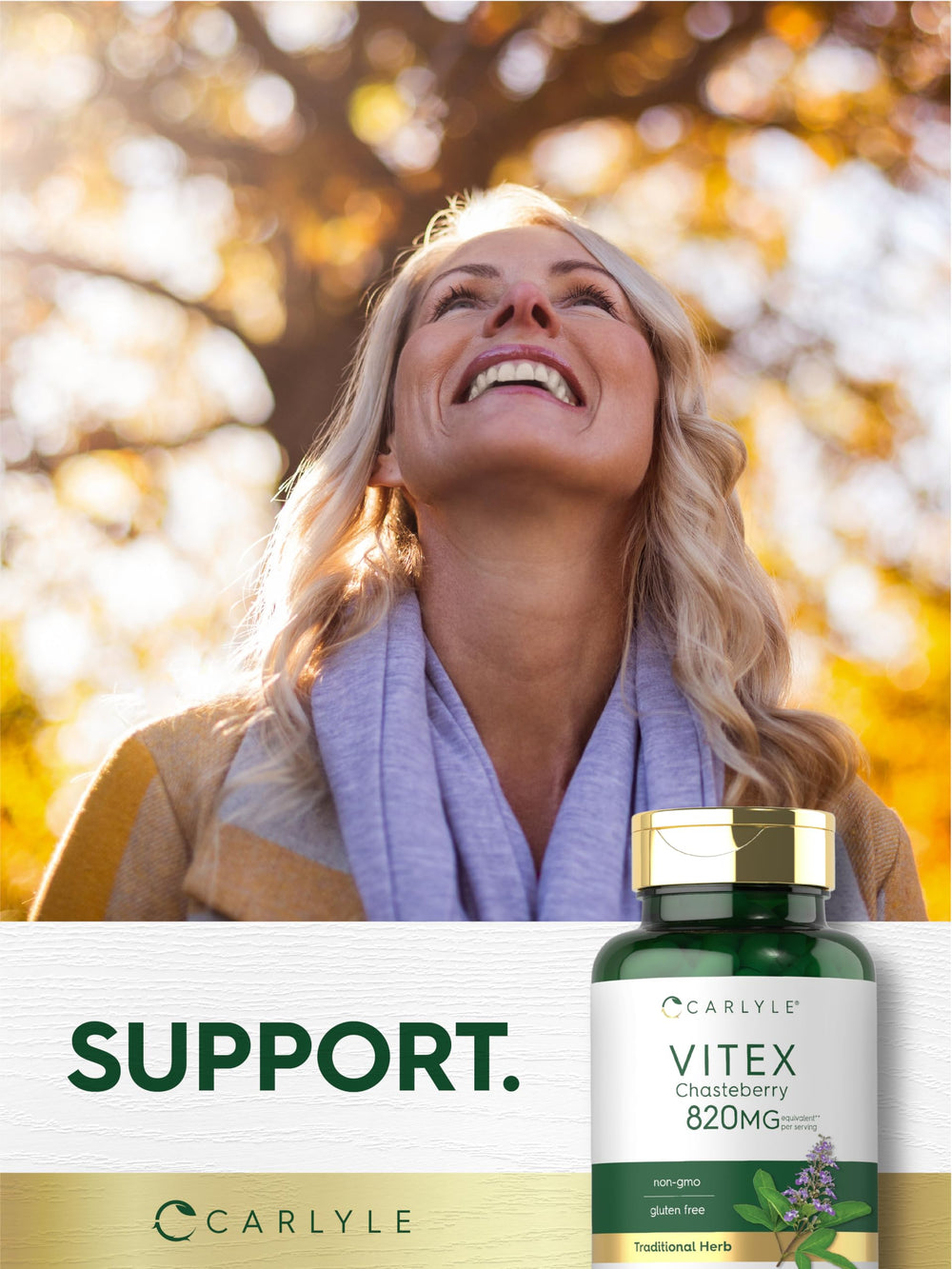 Carlyle Vitex glass bottle on white background for trusted supplementation.