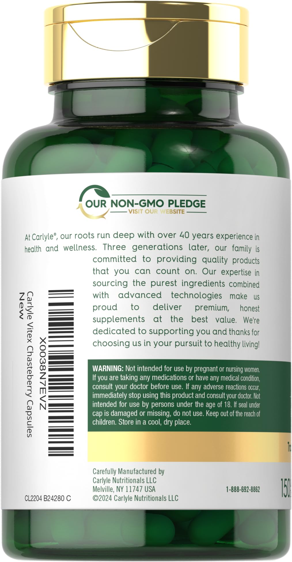 Carlyle Vitex label detail shows non-GMO and gluten-free features.