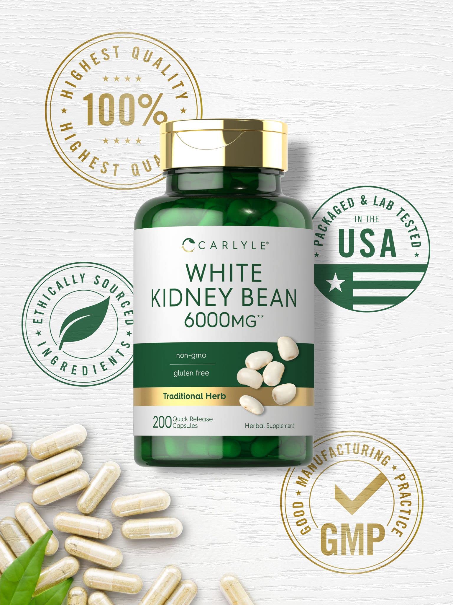 Carlyle White Kidney Bean label closeup confirms non-GMO and gluten-free claims.