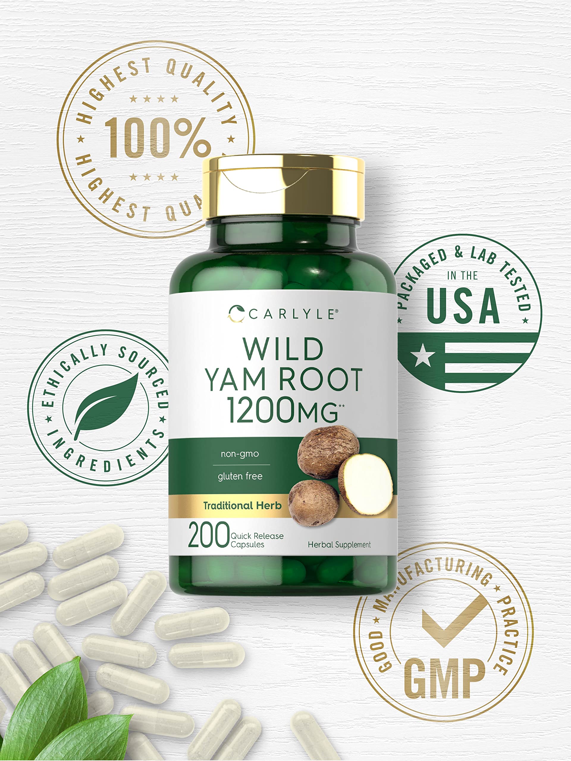 Carlyle Wild Yam Root Capsules gluten-free badge shown on packaging.