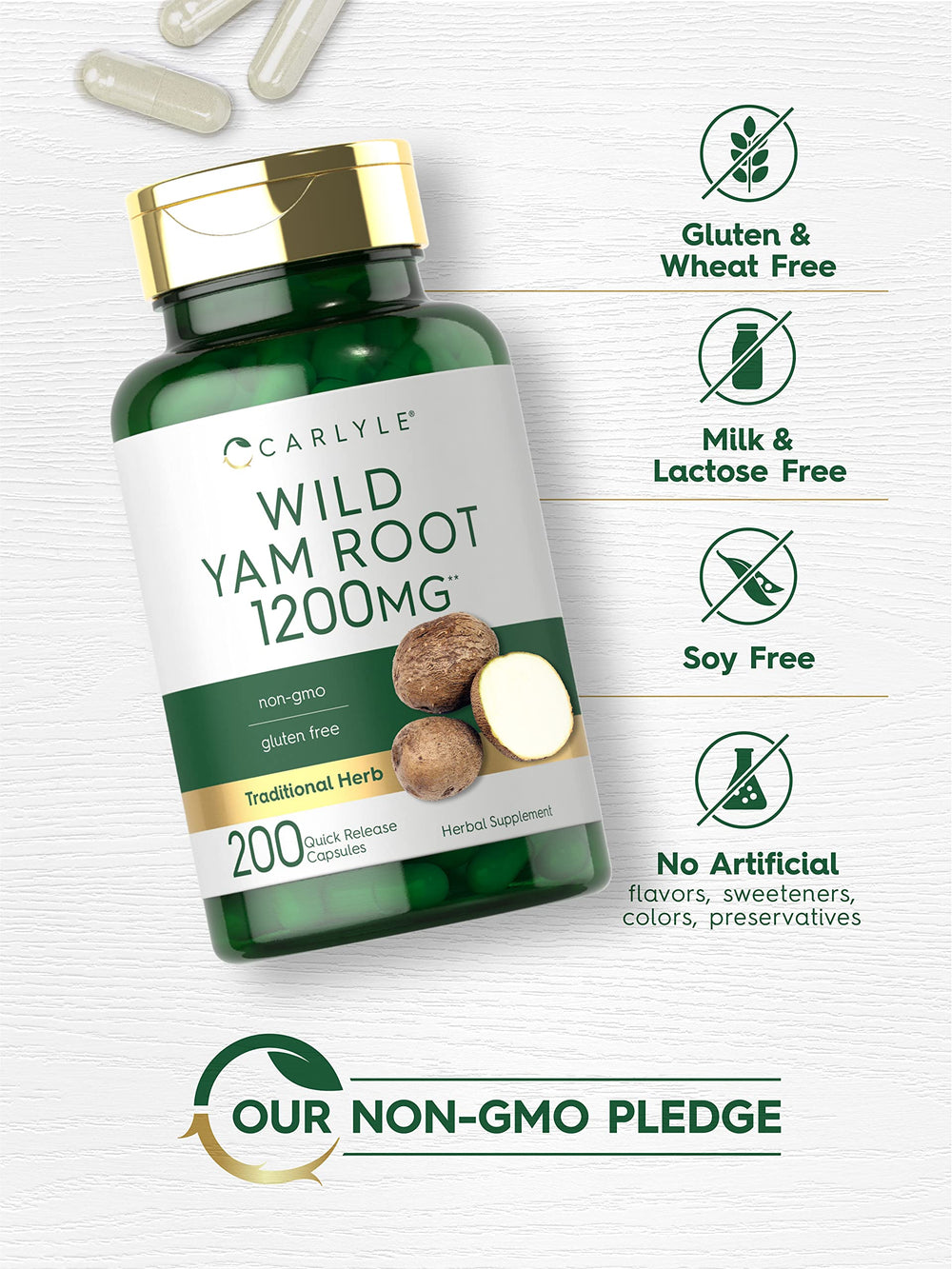 Carlyle Wild Yam Root Capsules label with ingredient information and quality marks.