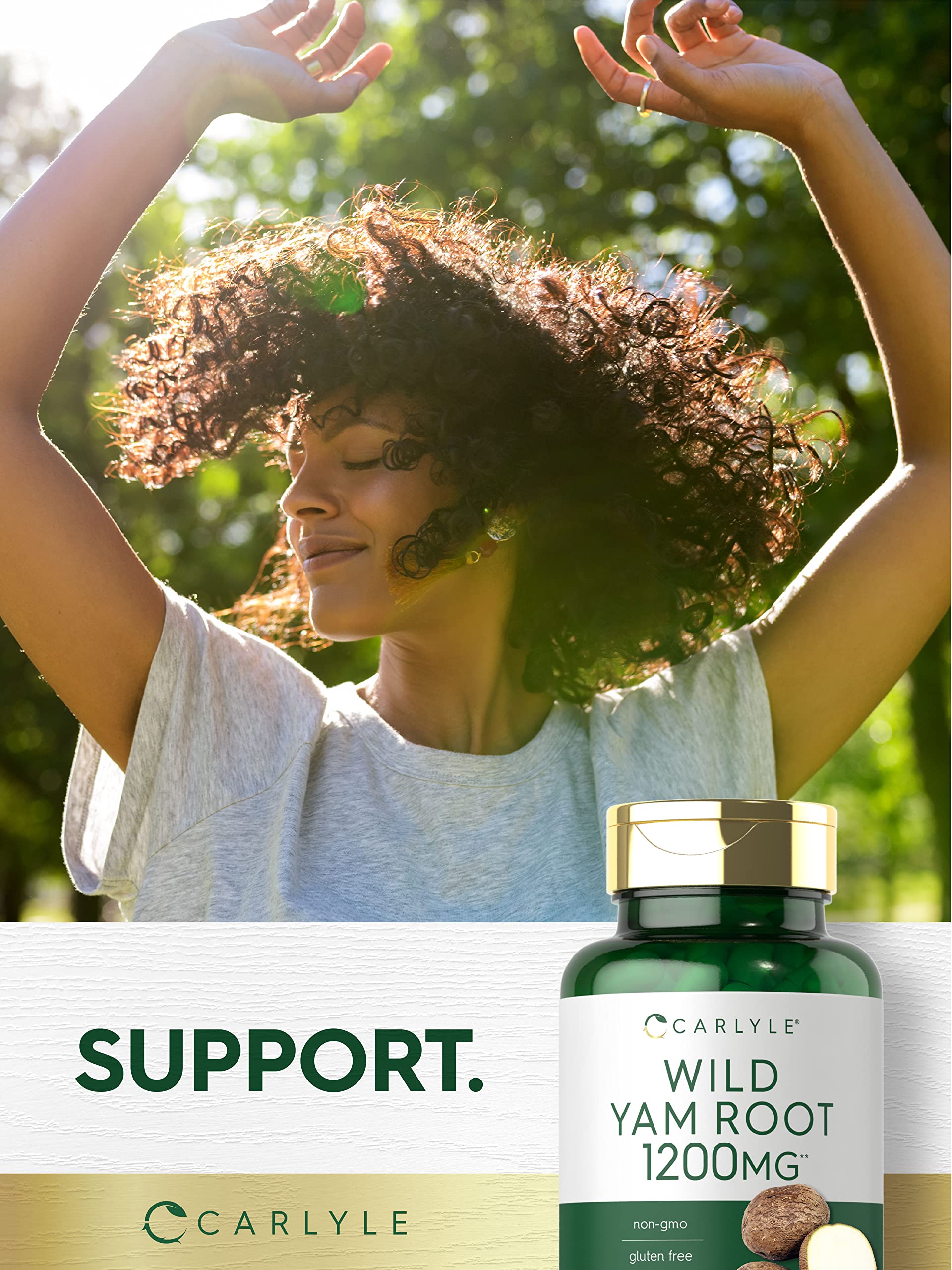 Carlyle Wild Yam Root Capsules non-GMO badge emphasized on label.