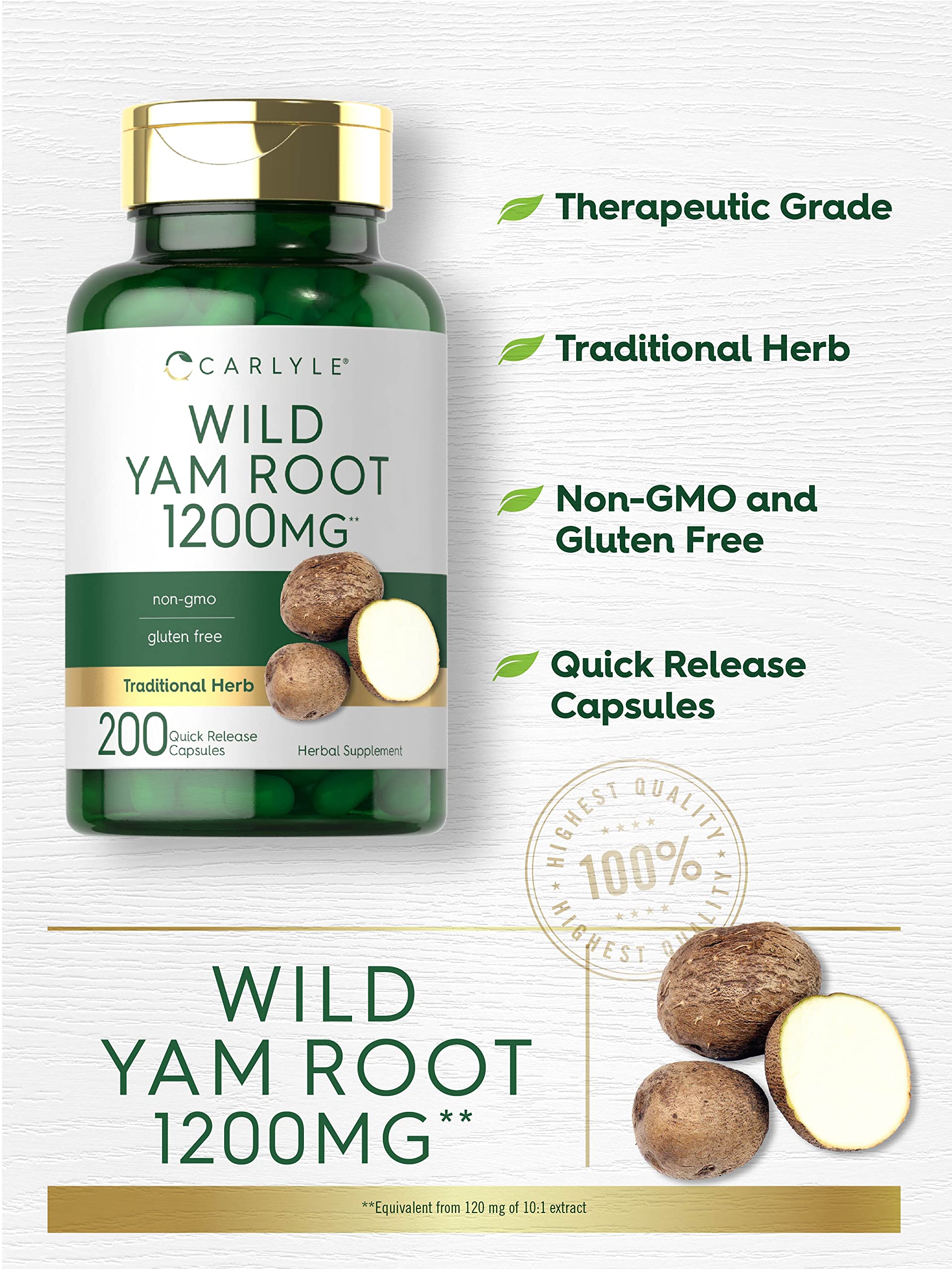 Carlyle Wild Yam Root Capsules packaging highlighting gluten-free and non-GMO features.