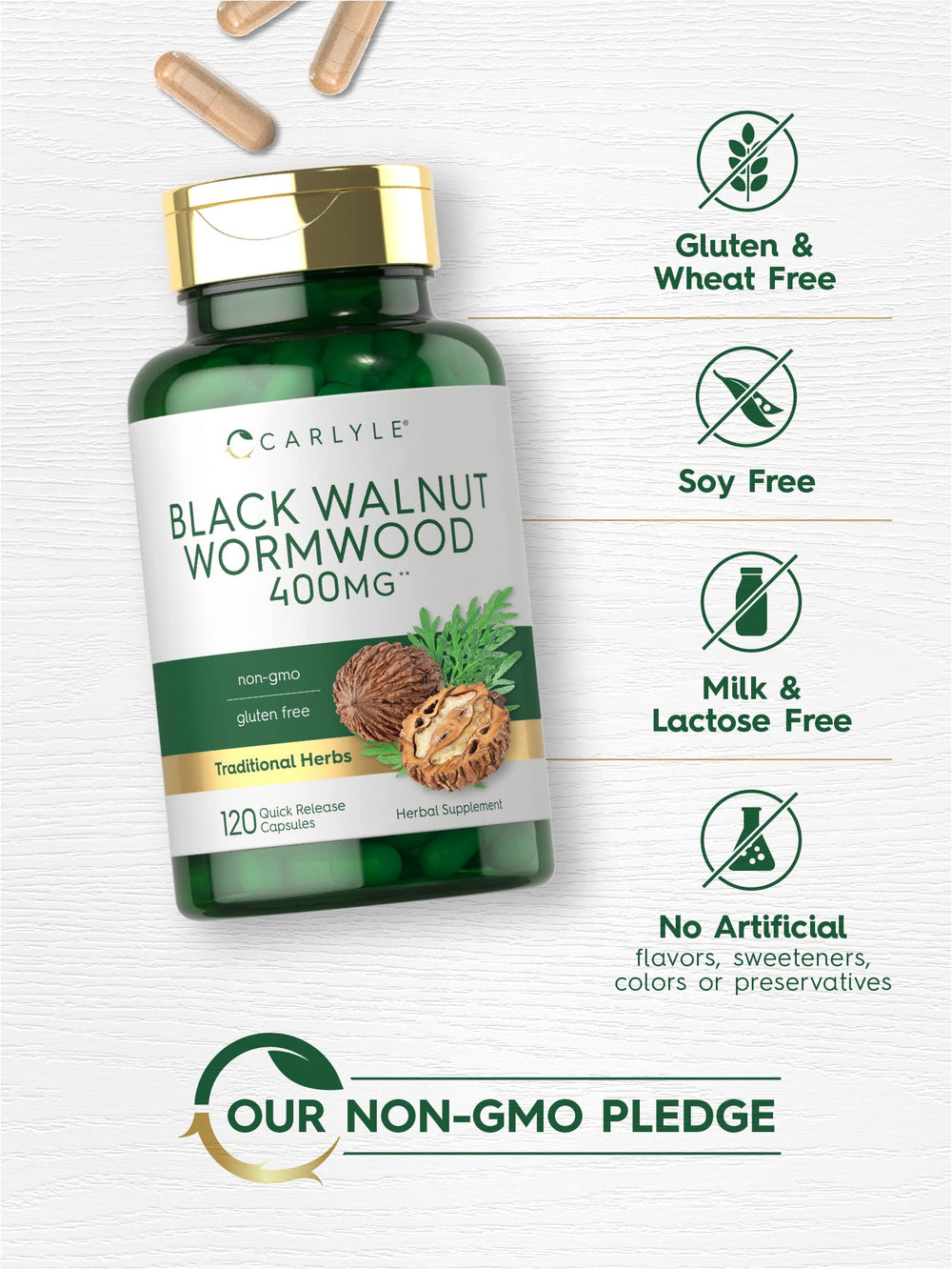 Carlyle Wormwood Black Walnut bottle label— trusted supplement facts.