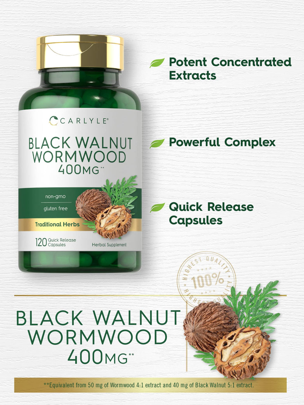 Carlyle Wormwood Black Walnut capsules closeup— easy to gauge size for dosing.