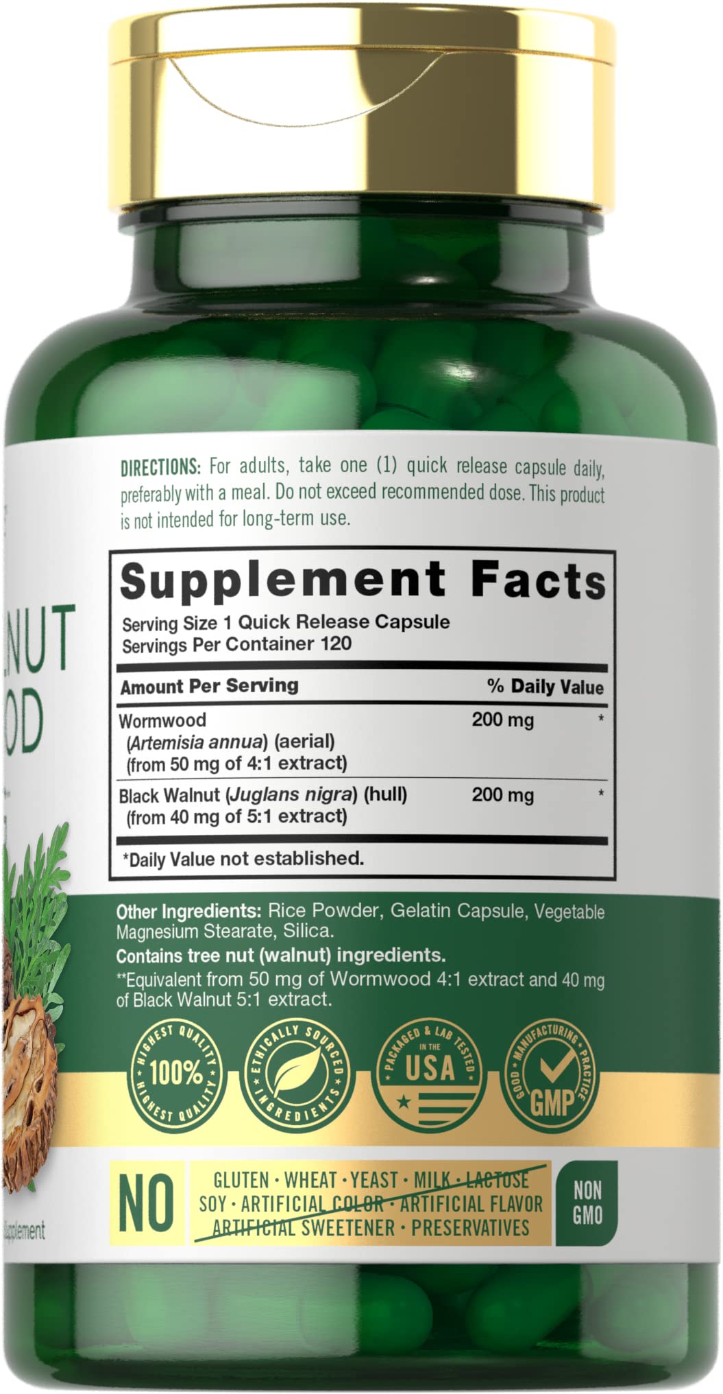 Carlyle Wormwood Black Walnut ingredient list—natural herbal components.