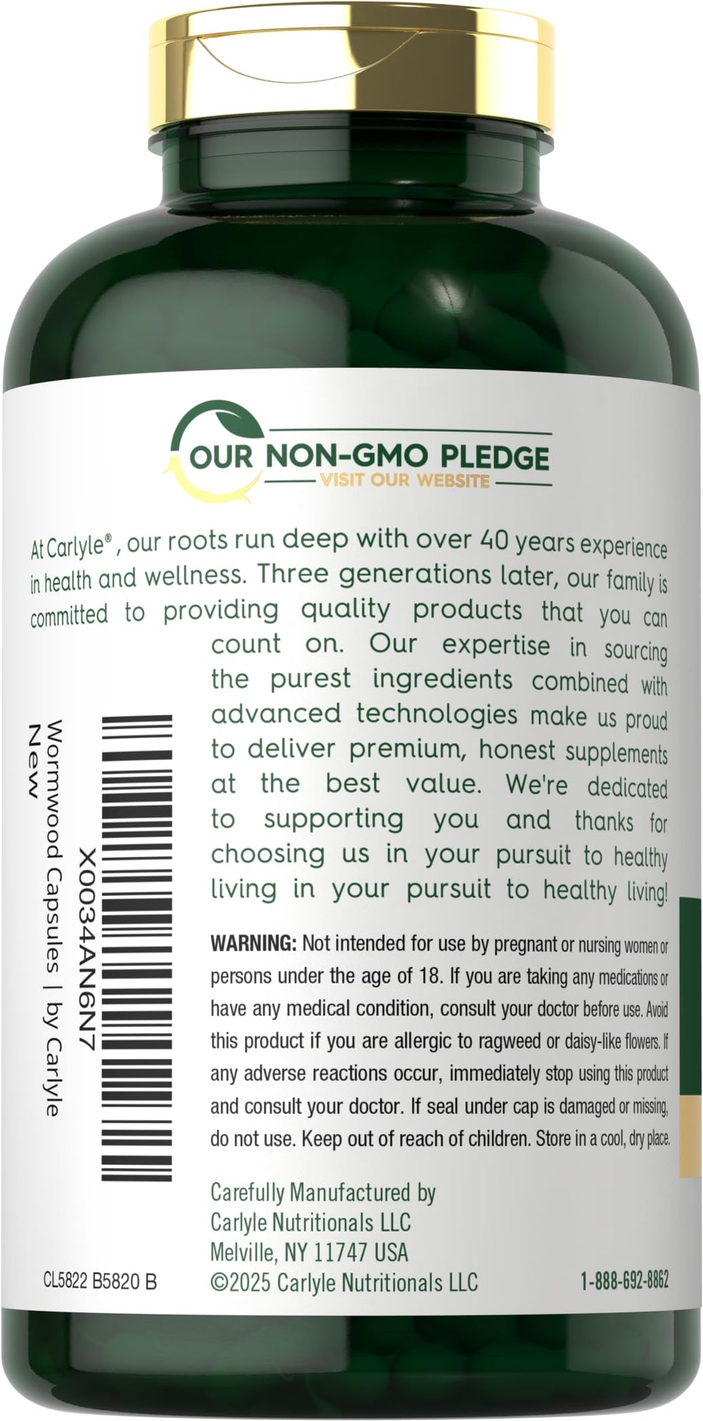 Carlyle Wormwood label details ingredients and purity testing
