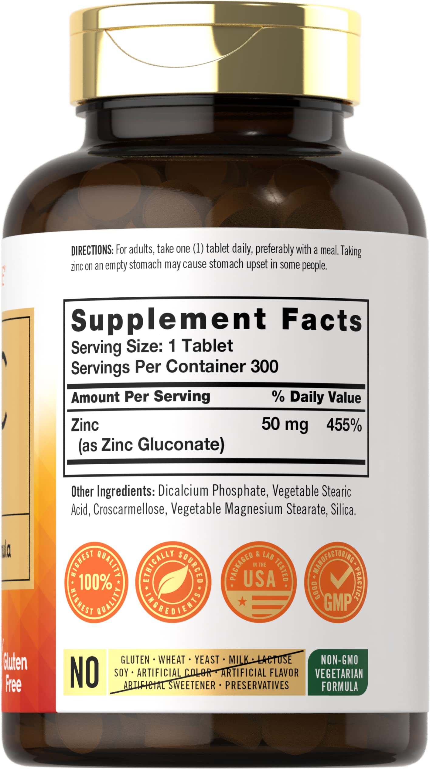 Carlyle Zinc 50mg bottle close-up showing zinc gluconate source