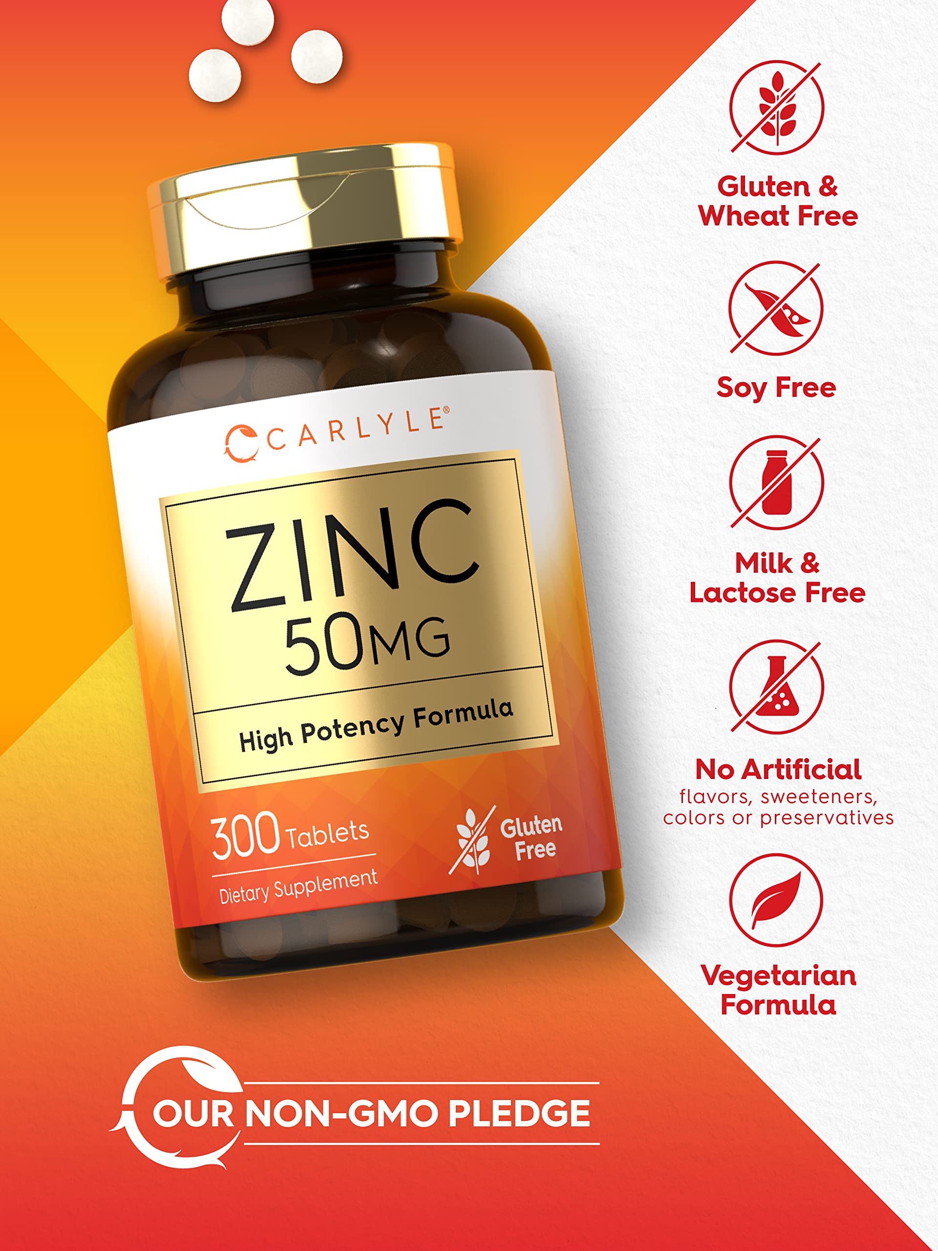 Carlyle 50mg zinc tablets on shelf emphasizing gluten free