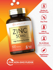 Carlyle 50mg zinc tablets on shelf emphasizing gluten free