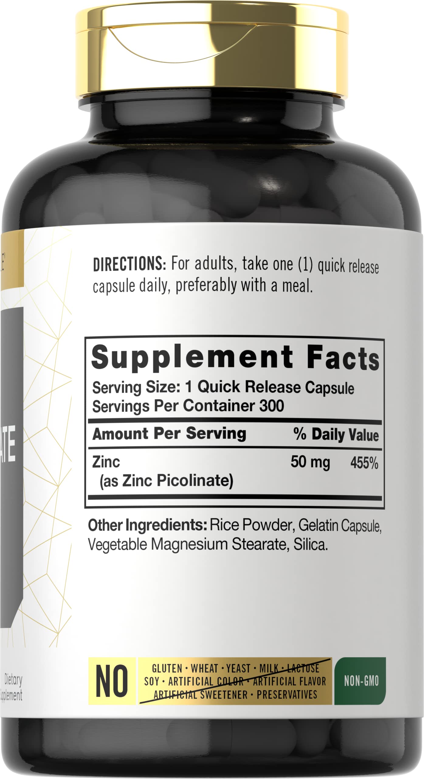 Carlyle Zinc Picolinate 50mg capsules close-up highlighting capsule size and potency