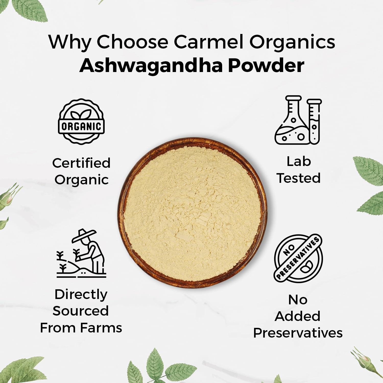 Carmel Organics Ashwagandha powder in a mug for a comforting sip.