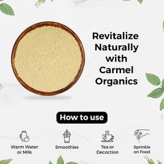 Carmel Organics Ashwagandha powder jar on a kitchen counter.