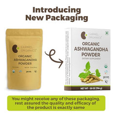 Carmel Organics Ashwagandha powder scoop measuring 2000 mg.