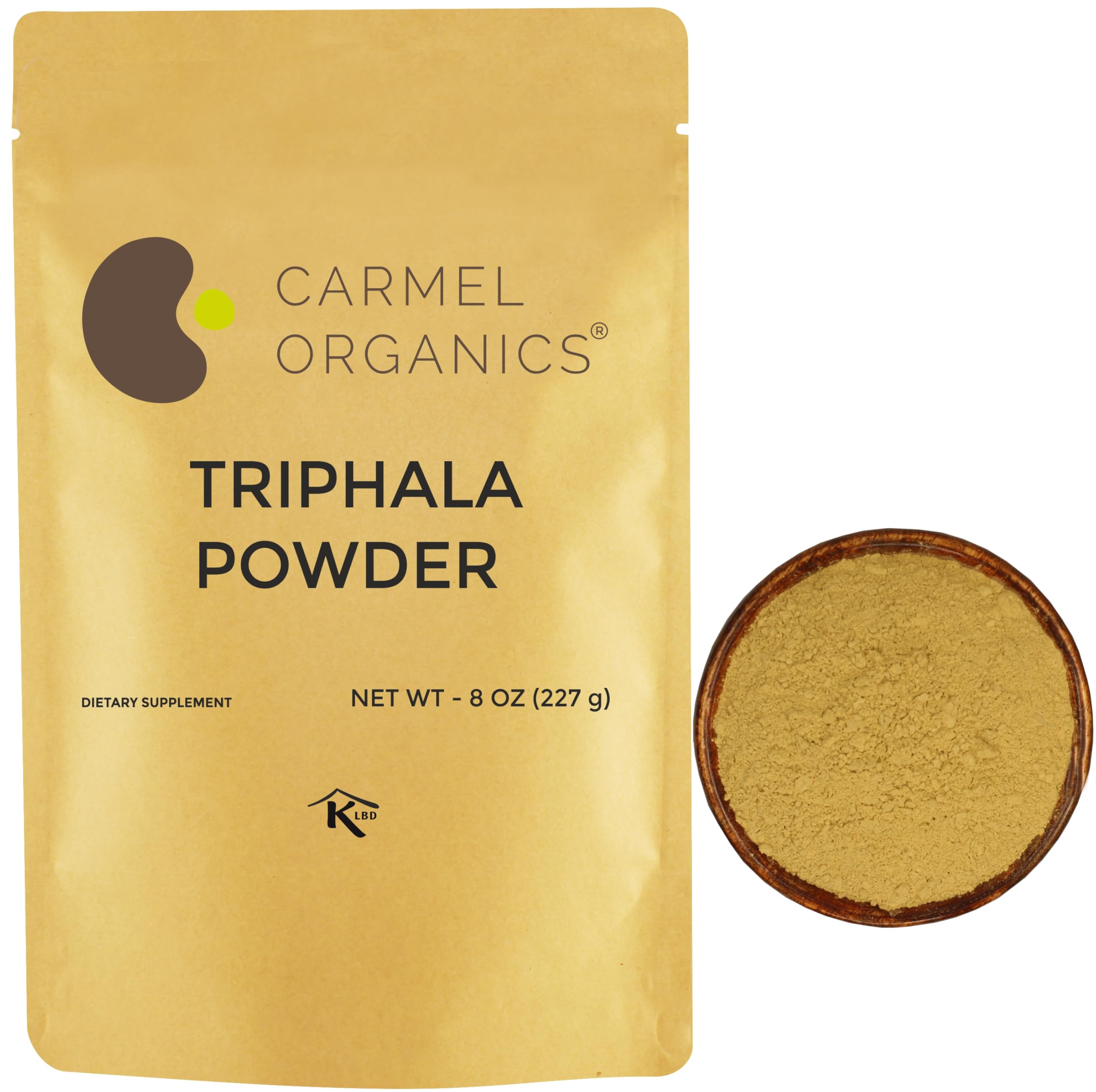 CARMEL ORGANICS Triphala powder bottle for daily use and easy dosing.
