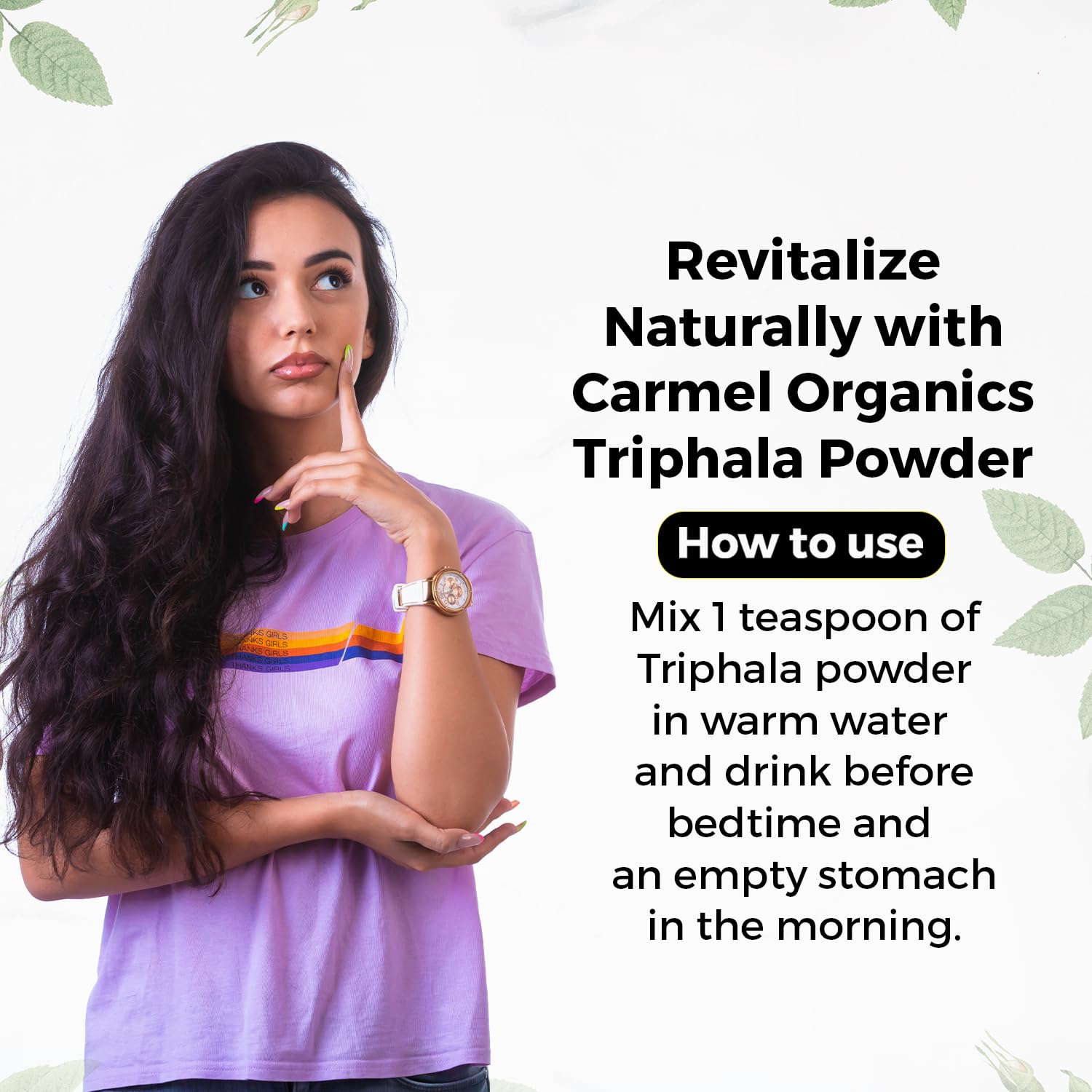CARMEL ORGANICS Triphala powder sustainable, non-GMO packaging.