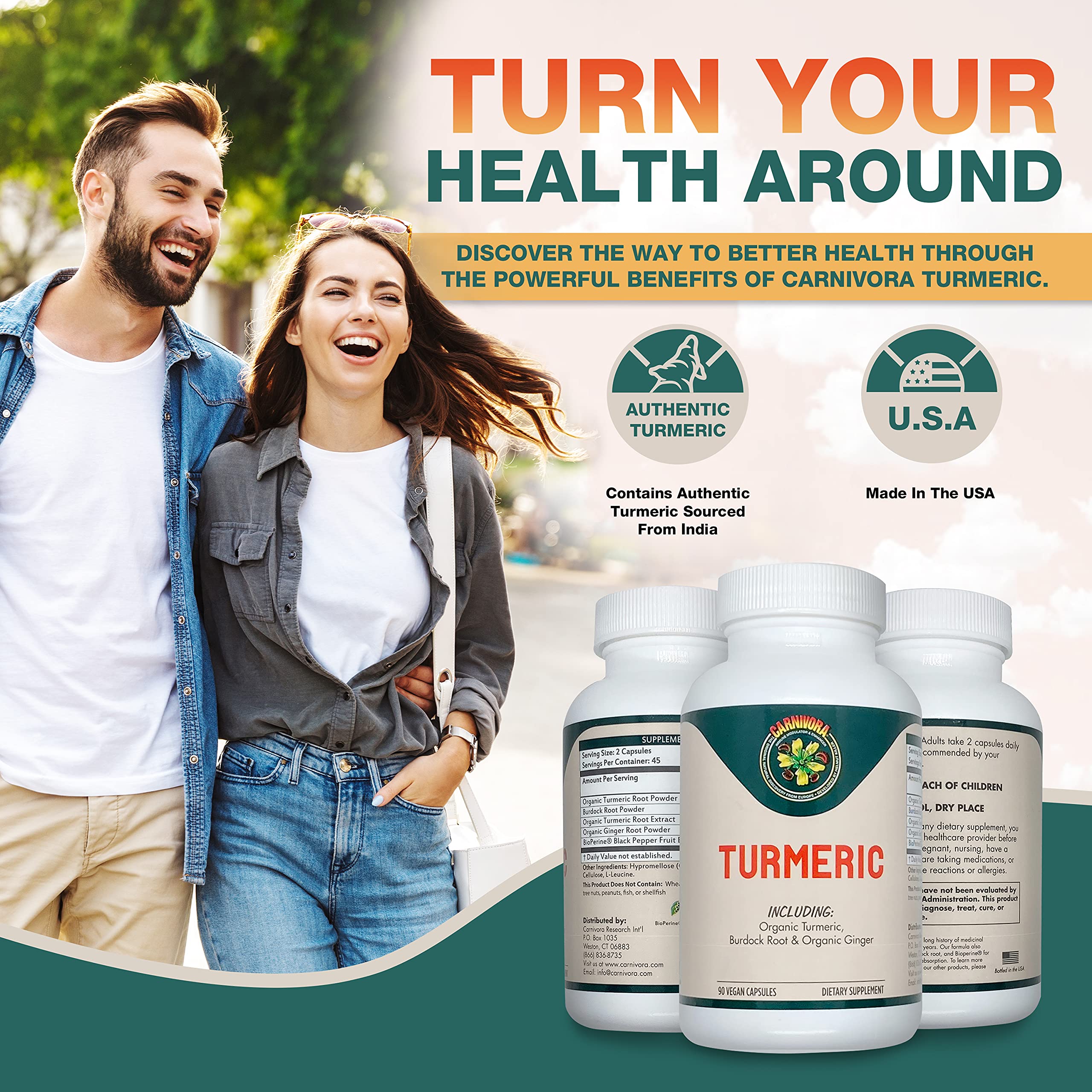 Carnivora Turmeric bottle outer label highlighting vegan capsules.