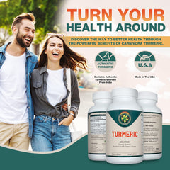 Carnivora Turmeric bottle outer label highlighting vegan capsules.