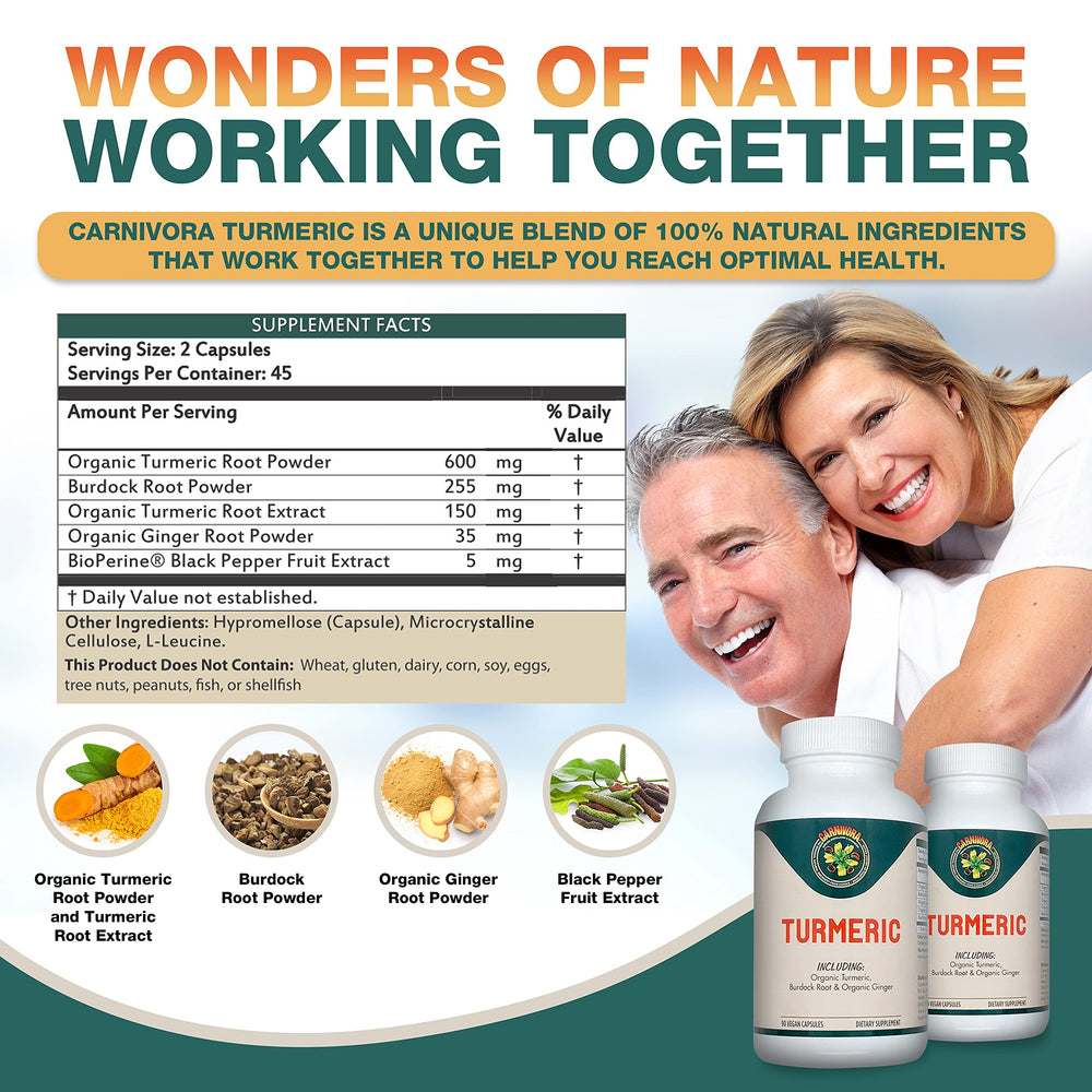 Carnivora Turmeric capsules close-up, showing vegan pills for daily wellness.