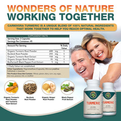 Carnivora Turmeric capsules close-up, showing vegan pills for daily wellness.