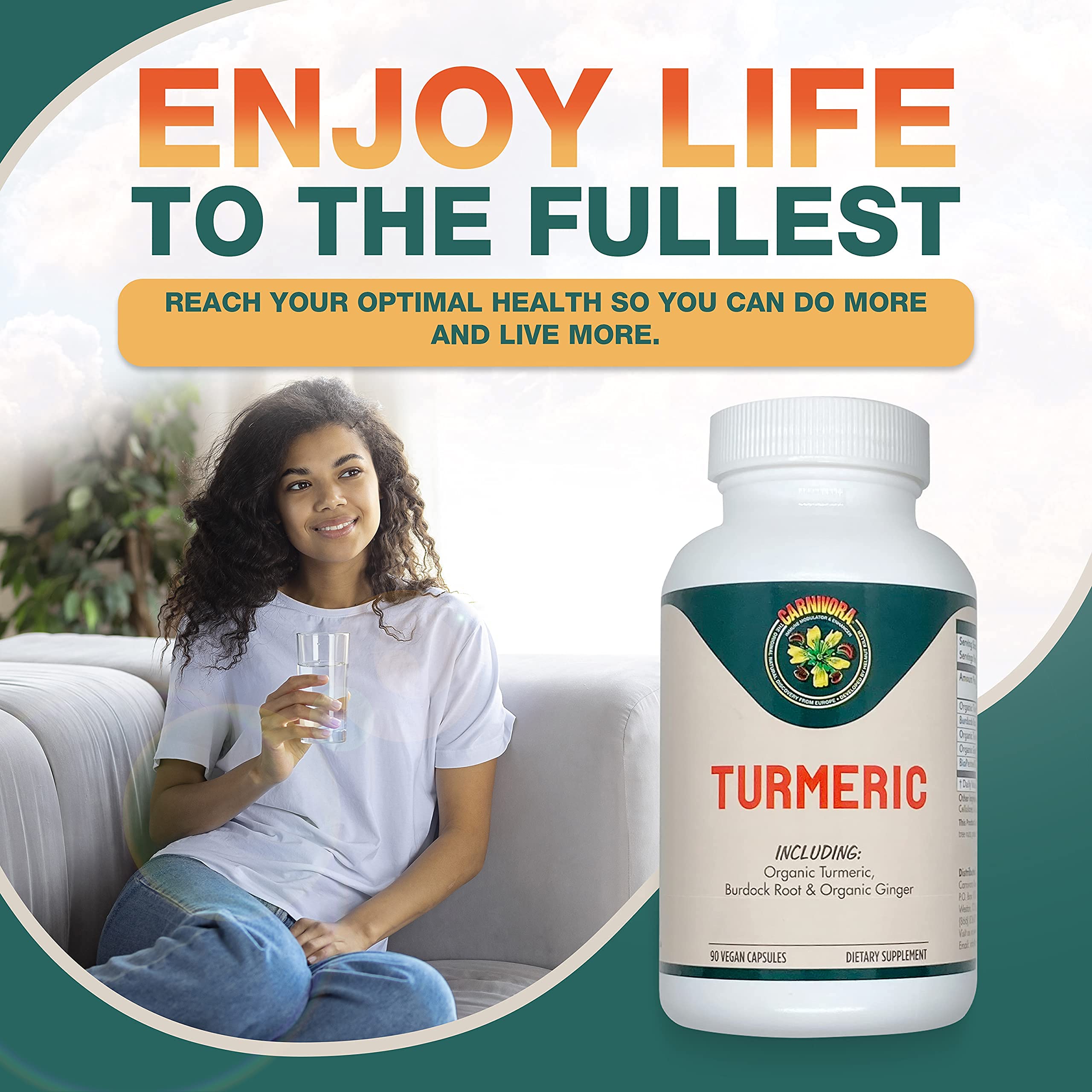 Carnivora Turmeric packaging box—USA-made with organic turmeric emphasis.