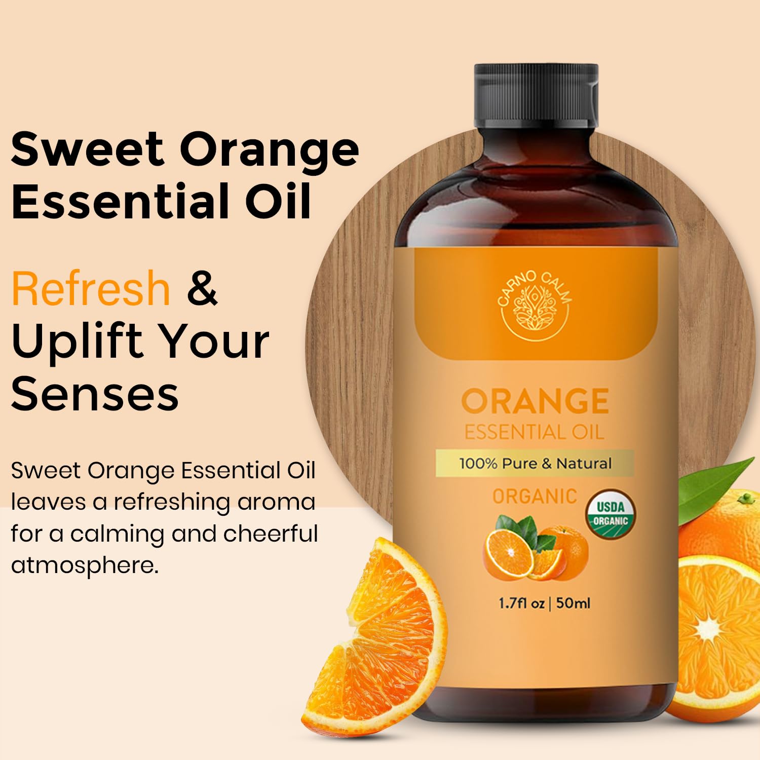 Carno Calm Sweet Orange Oil supports hair care with natural fragrance and shine.