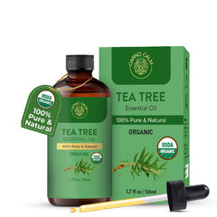 Carno Calm Tea Tree Oil bottle pour shown for precise skin and scalp use.
