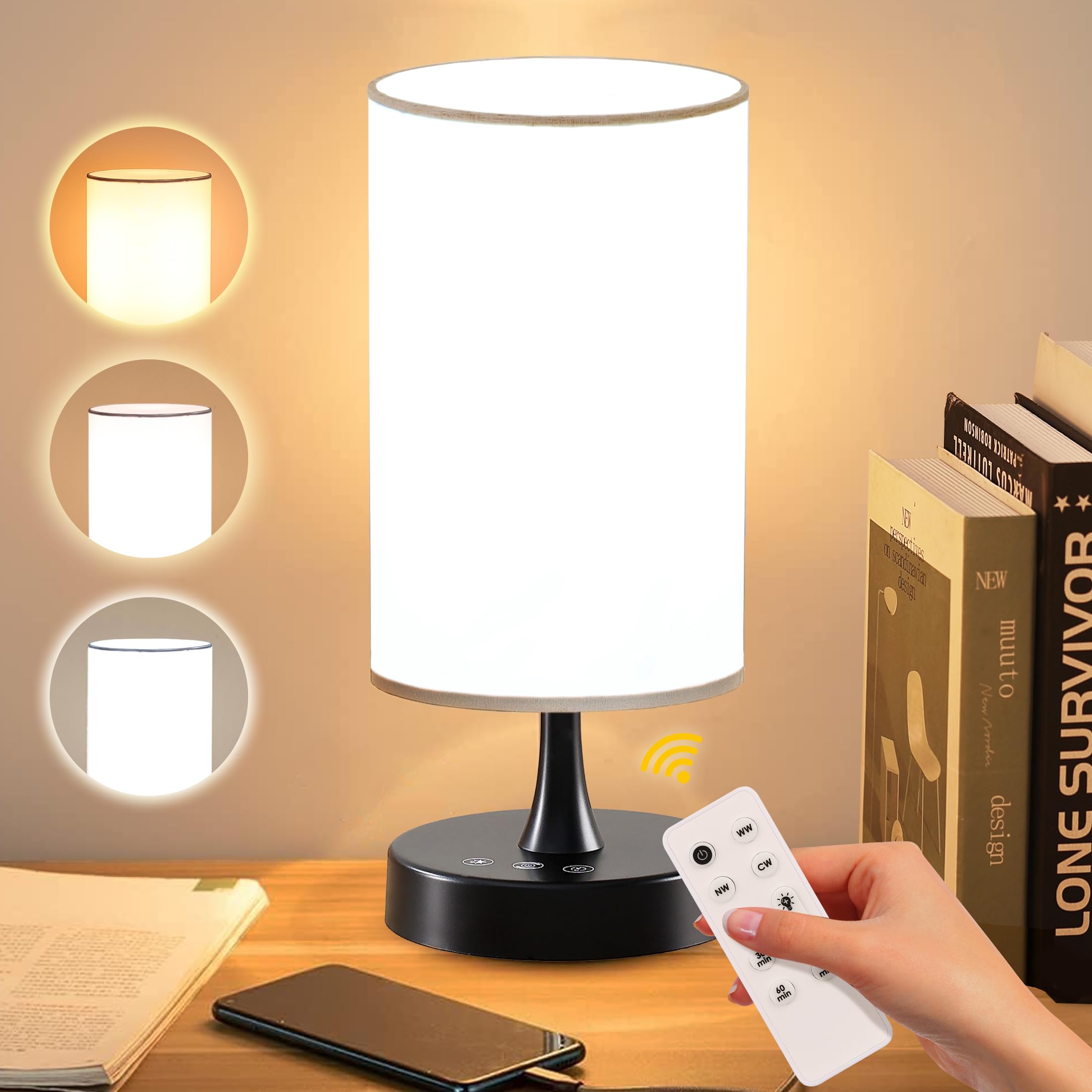 Caromolly light therapy lamp front view showing sleek black base and white shade for home use.