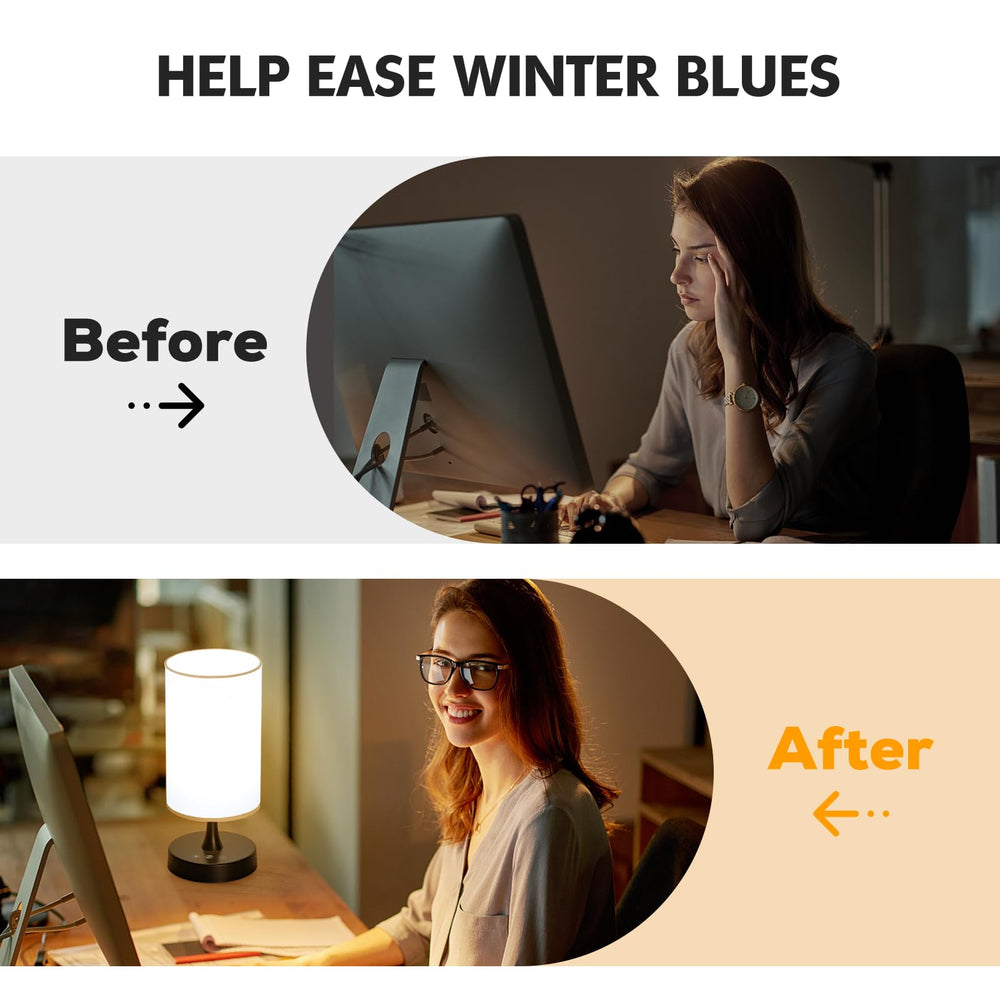 Caromolly light therapy lamp remote control in use for convenient brightness changes.