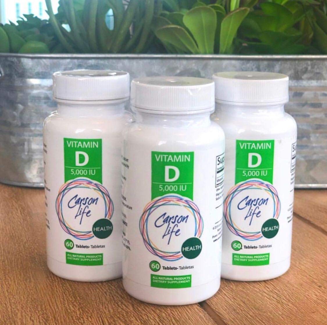 Carson Life vitamin D tablets packaging highlighting bone and immune health.