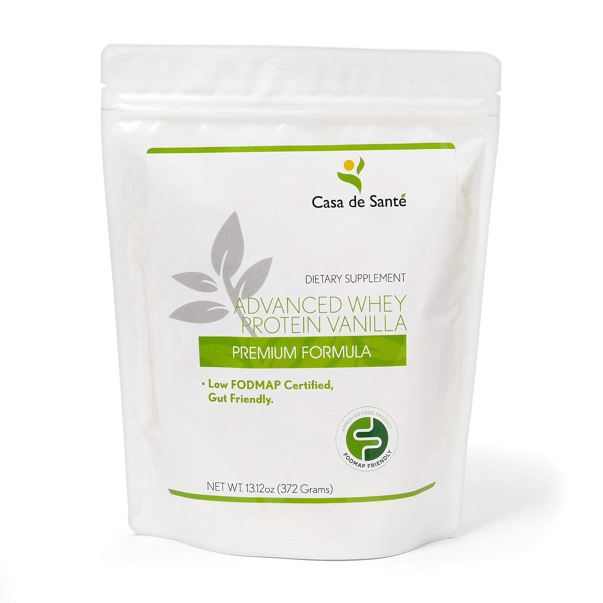 Casa de Sante elemental vanilla whey tub showing clean ingredients for gut-friendly protein