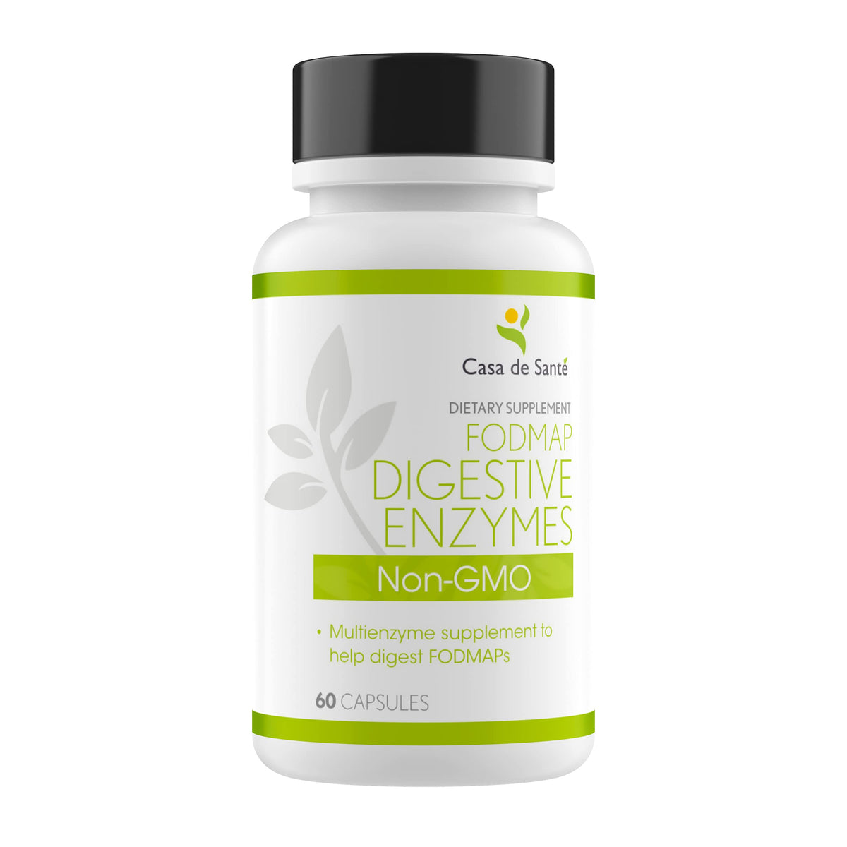 Casa de Sante FODMAP Digestive Enzymes bottle front showing 18-enzyme formula for gentle digestion.
