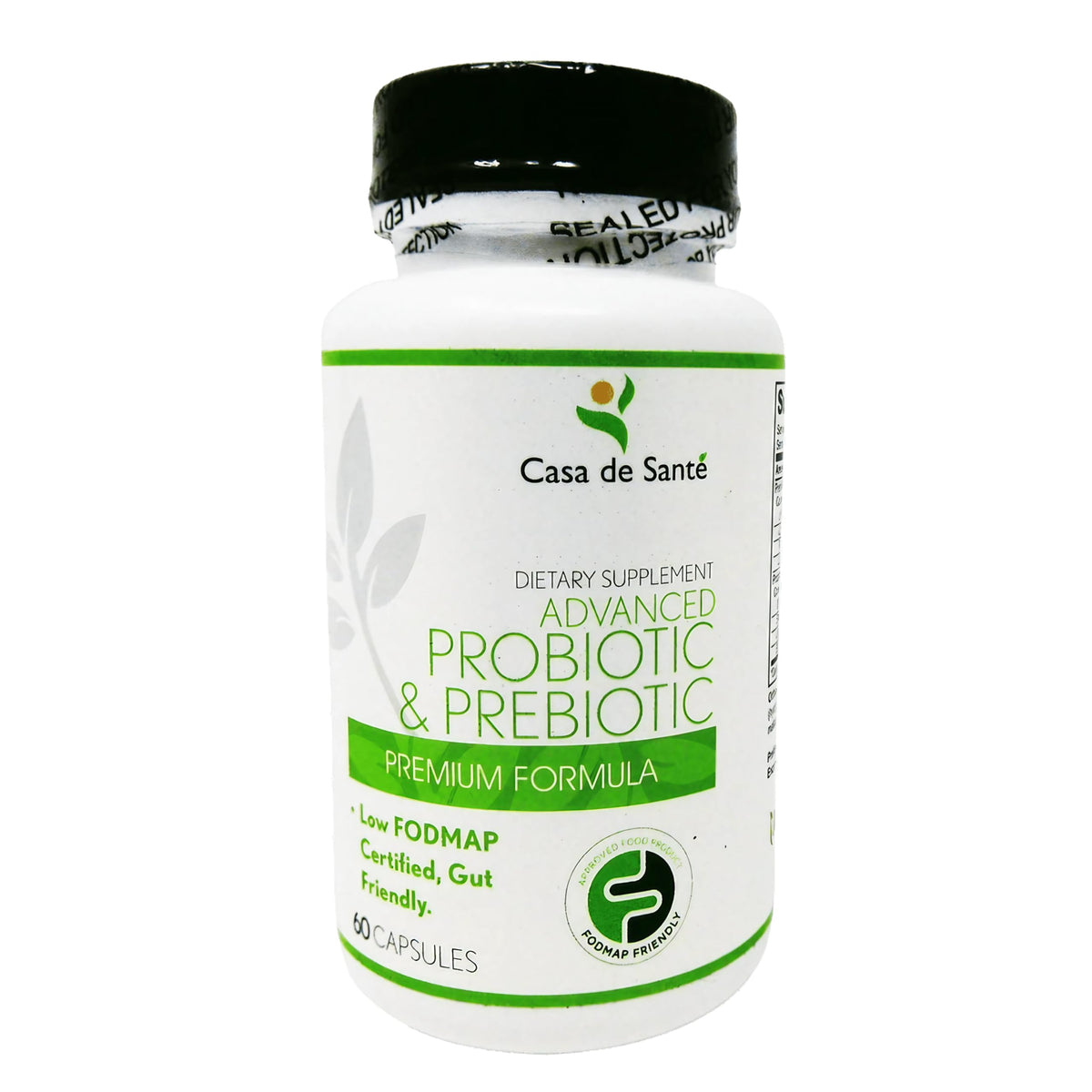 Casa de Sante low FODMAP synbiotic bottle supports balanced digestion