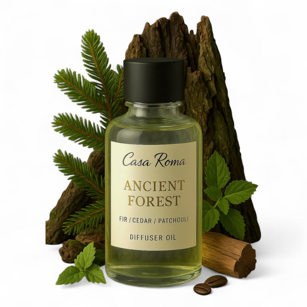 Casa Roma Ancient Forest oil bottle ready for waterless diffusion, delivering lasting aroma.