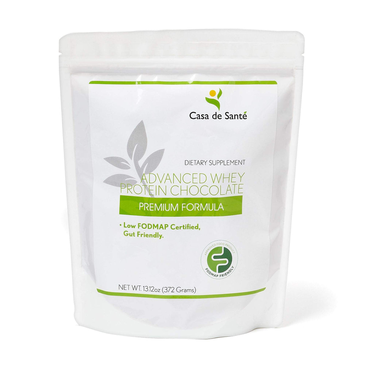 Casa de Sante Low FODMAP protein powder tub with rich cocoa flavor for gut-friendly protein.