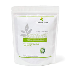 Casa de Sante Low FODMAP protein powder tub with rich cocoa flavor for gut-friendly protein.