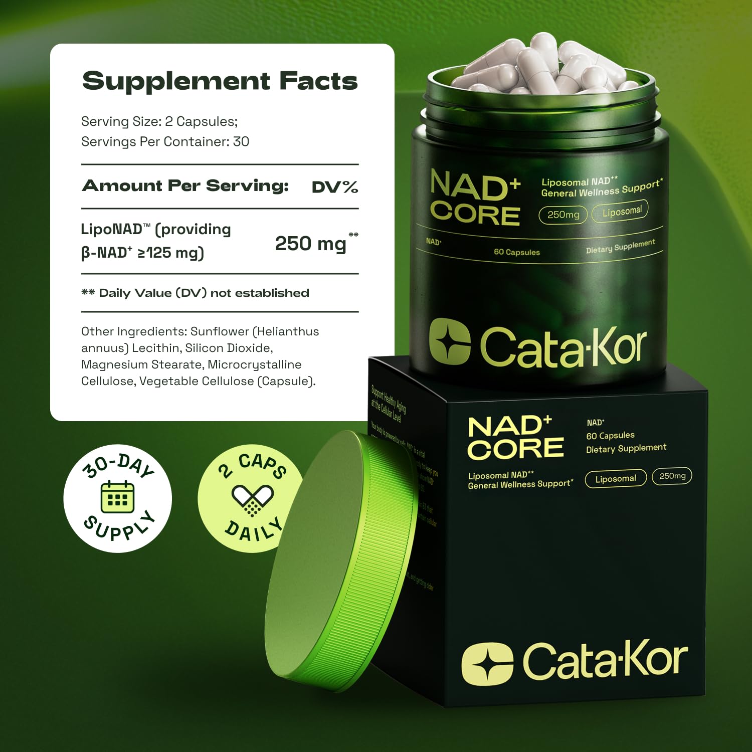 Cata-Kor NAD Core packaging with third-party testing badge boosts trust.