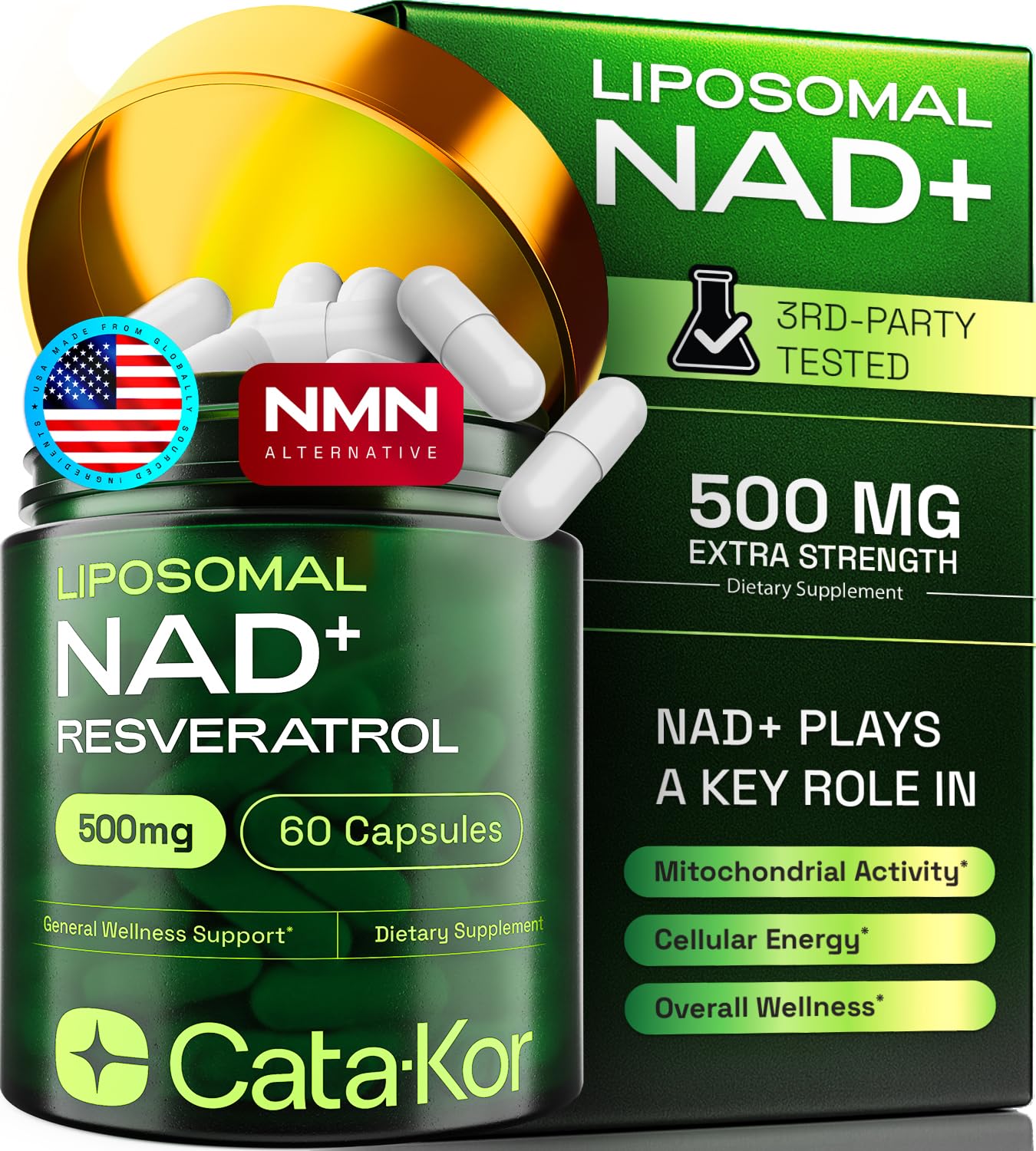 Cata-Kor Liposomal NAD with Resveratrol bottle and capsules for daily energy support