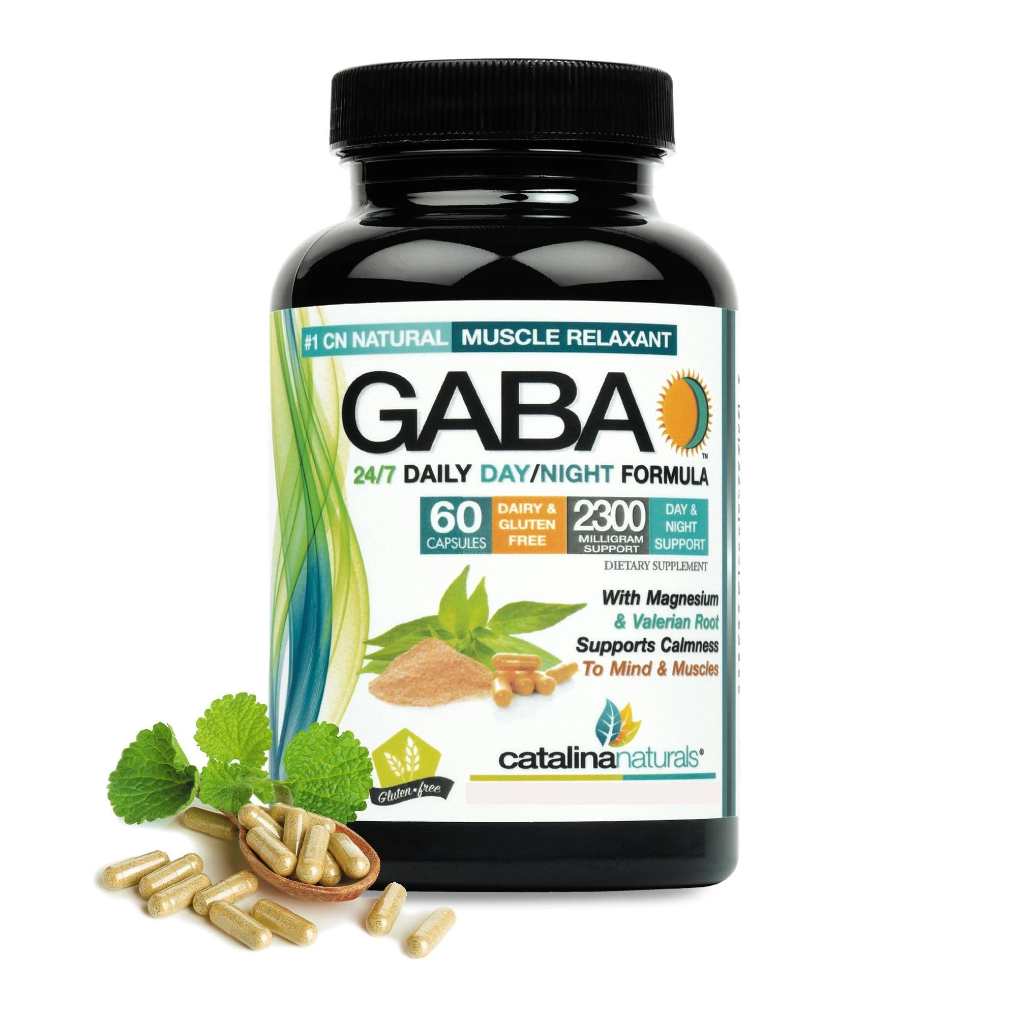 Catalina Naturals GABA 2300mg bottle on shelf suggests a simple relaxation routine.