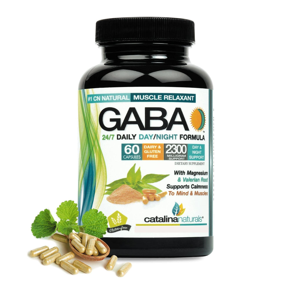 Catalina Naturals GABA 2300mg bottle on shelf suggests a simple relaxation routine.