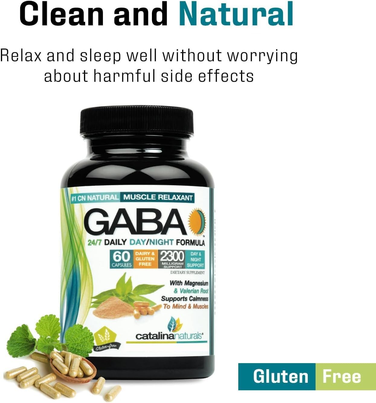 Catalina Naturals GABA 2300mg cGMP facility badge reflects strict production controls.